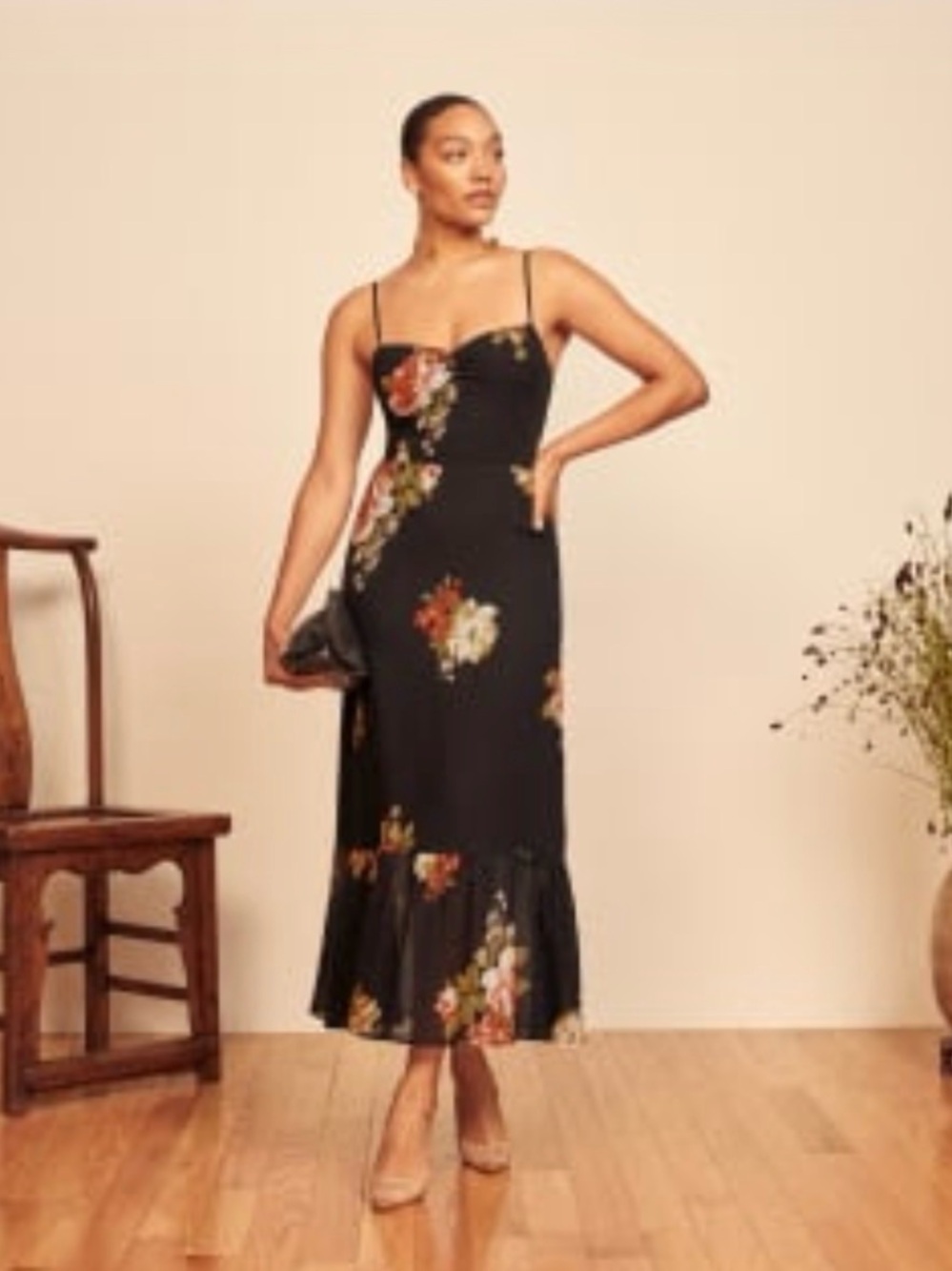 Reformation Emersyn Black Floral Slip Midi Dress